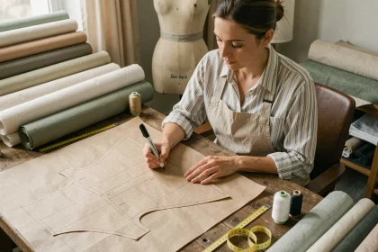 Femme traçant un patron trapèze sur papier kraft dans un atelier de couture maison avec mannequin et tissus