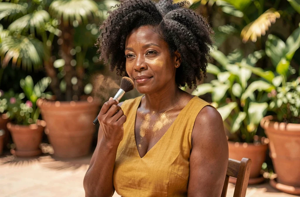Femme à la peau foncée appliquant une poudre bronzante nacrée sur son décolleté dans un jardin fleuri en terrasse