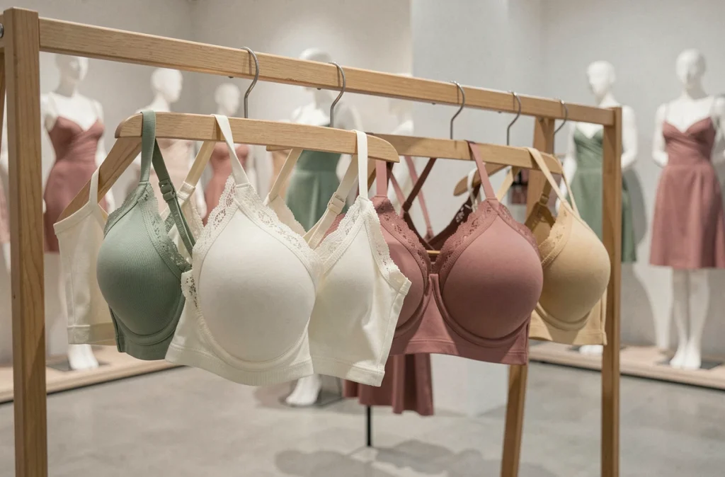 Présentoir de soutiens-gorge sans armatures en boutique de lingerie, variété de matières et coloris doux sur rack en bois