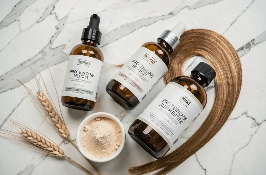 Produits de soin capillaire à base de protéines présentés sur marbre blanc avec blé et kératine