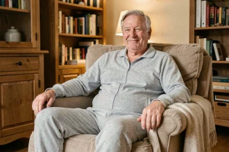 Senior homme portant une pyjama grenouillère gris confortable assis dans un fauteuil cosy