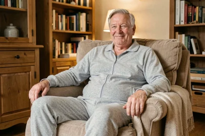 Senior homme portant une pyjama grenouillère gris confortable assis dans un fauteuil cosy