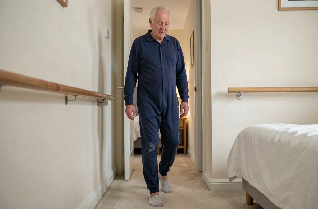 Homme senior en grenouillère bleue marine marchant dans un couloir avec main courante pour sécurité