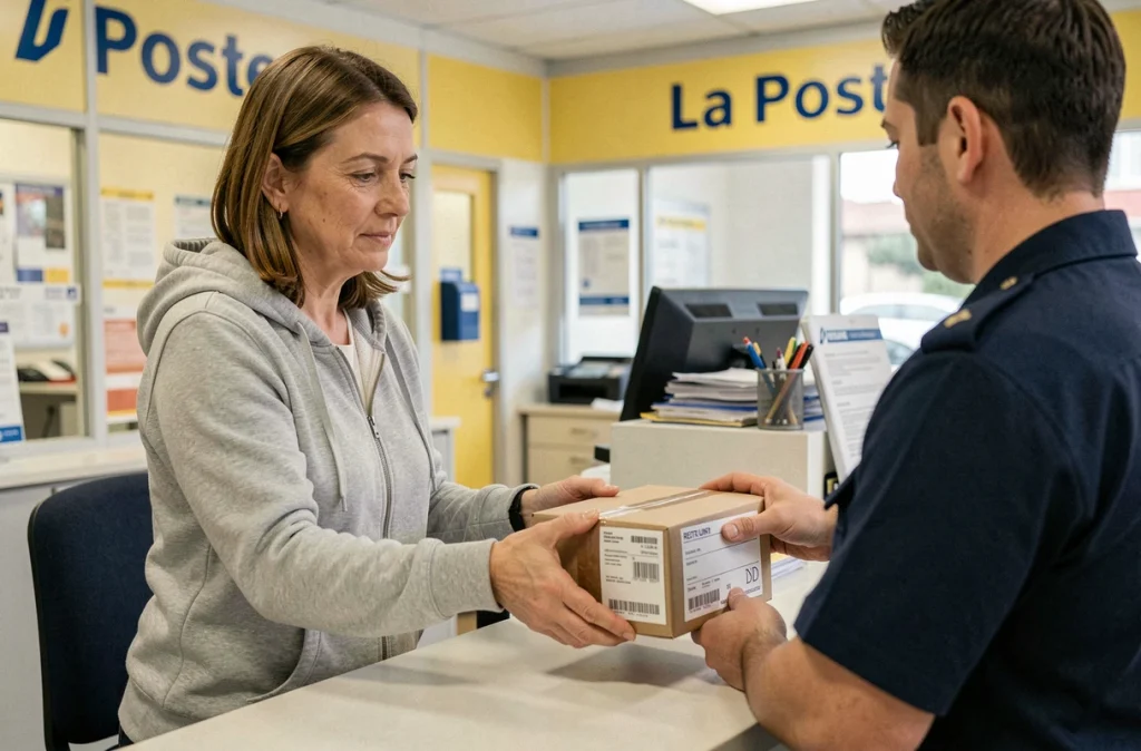 Femme déposant un colis de retour Shein au bureau de poste en France