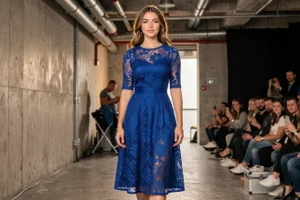 Jeune femme portant une robe en dentelle colorée bleu cobalt sur un podium de défilé de mode