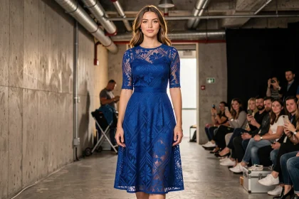 Jeune femme portant une robe en dentelle colorée bleu cobalt sur un podium de défilé de mode