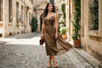 Femme portant une robe fluide imprimé léopard dans une rue pavée européenne, style éditorial mode
