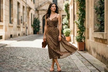 Femme portant une robe fluide imprimé léopard dans une rue pavée européenne, style éditorial mode