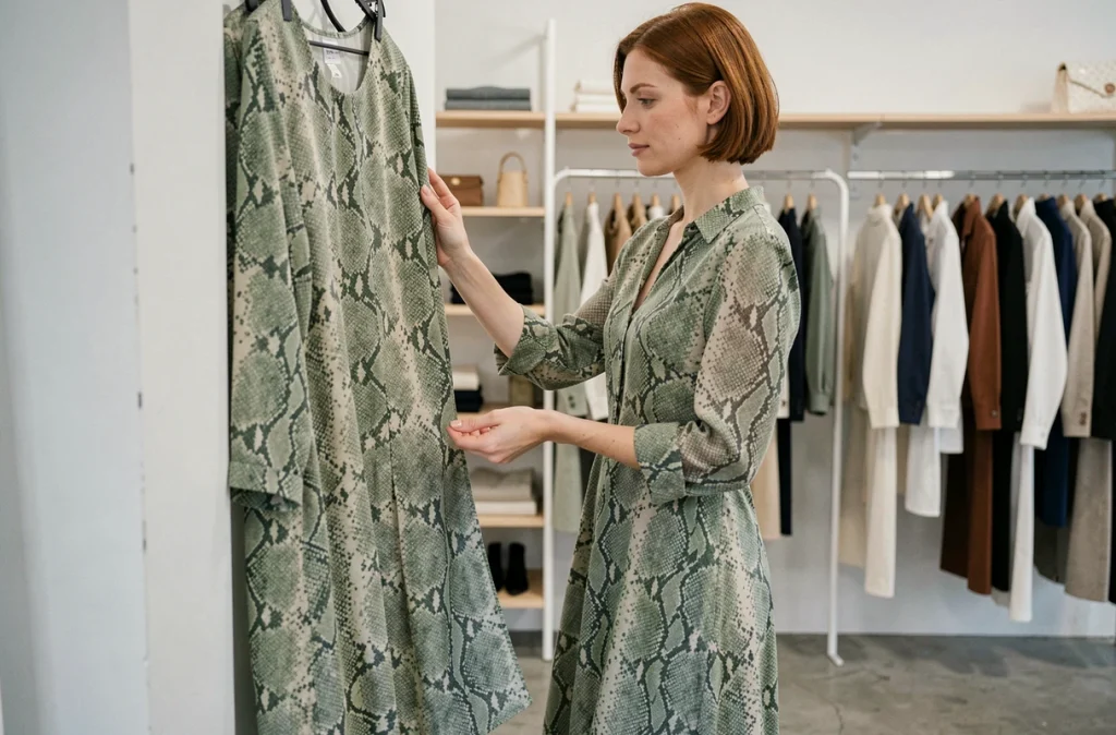 Femme en robe longue imprimé serpent dans une boutique de mode minimaliste, style mode intérieur