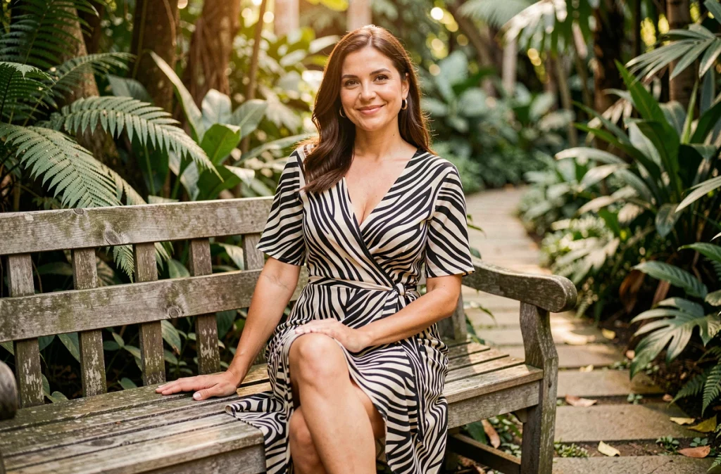 Femme assise en robe portefeuille imprimé zèbre dans un jardin botanique luxuriant, portrait mode éditorial