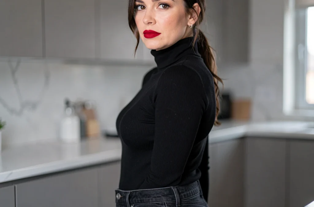 Portrait rapproché d'une femme avec un rouge à lèvres mat rouge classique et un col roulé noir dans un intérieur contemporain