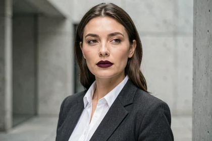 Femme élégante portant un rouge à lèvres mat bordeaux avec un blazer gris structuré dans un cadre urbain minimaliste