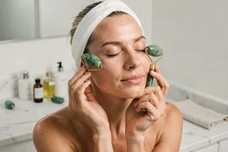 Femme utilisant un rouleau de jade sur le visage dans une salle de bain minimaliste avec des accessoires de soin posés sur le comptoir en marbre