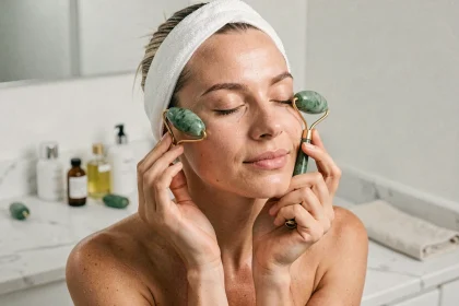 Femme utilisant un rouleau de jade sur le visage dans une salle de bain minimaliste avec des accessoires de soin posés sur le comptoir en marbre