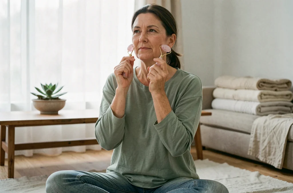 Femme utilisant un rouleau en quartz rose pour masser son visage à domicile afin d'améliorer l'éclat du teint