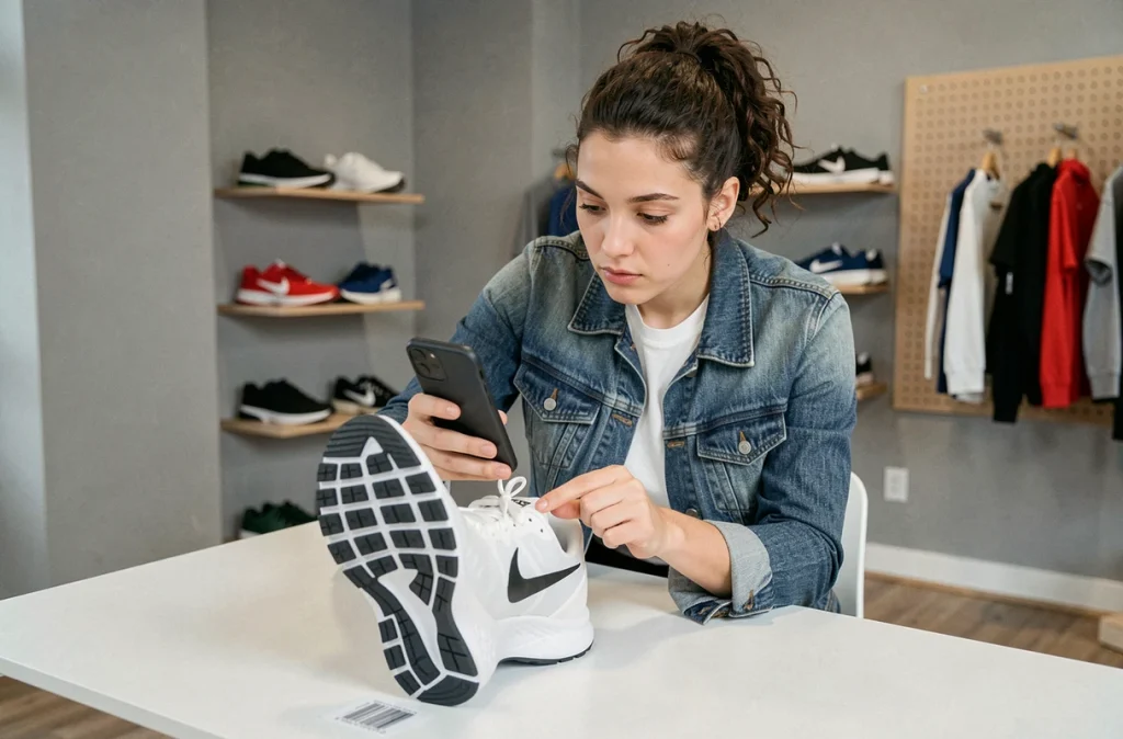 Femme scannant le code UPC sous une Nike avec son smartphone dans une friperie sportive