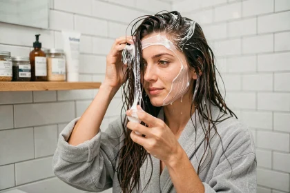 Femme appliquant un masque protéiné sur cheveux abîmés dans une salle de bain moderne