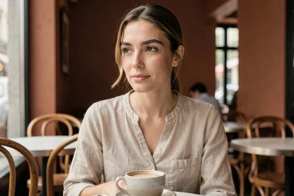 Femme aux sourcils naturels et épais non épilés dans un café parisien, tendance beauté naturelle 2024