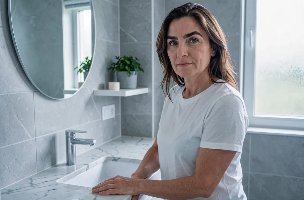 Femme de 40 ans avec sourcils naturels non retouchés dans une salle de bain moderne, beauté sans artifice