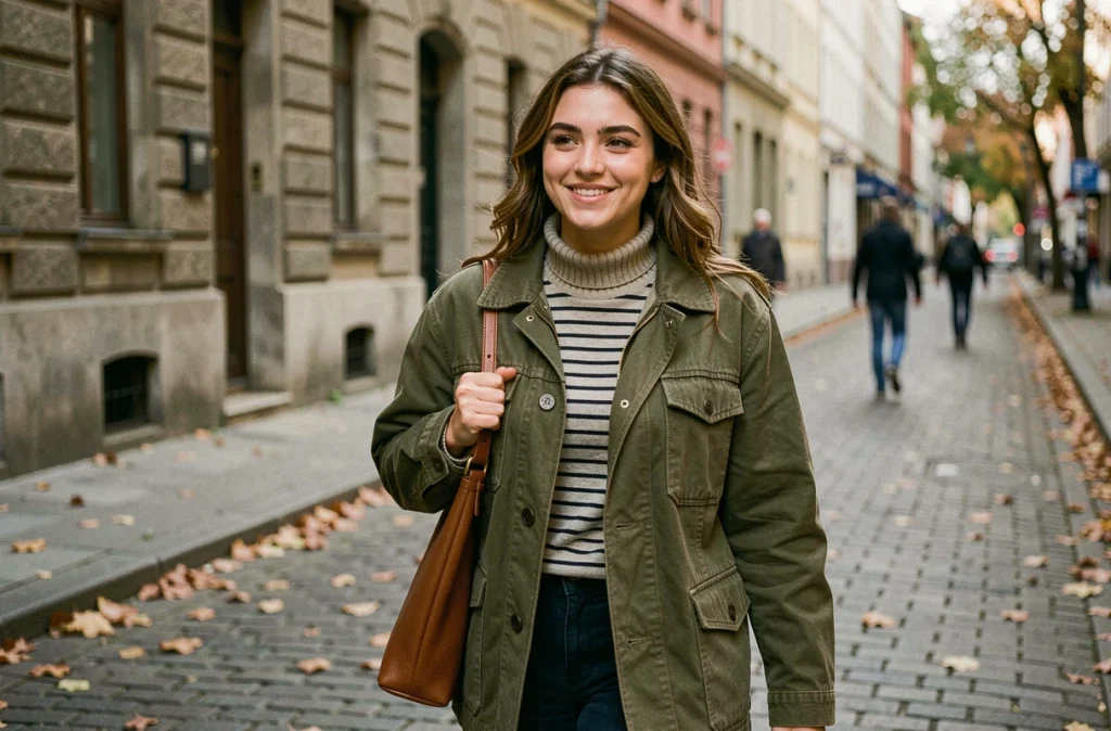 Jeune femme aux sourcils naturels épais marchant dans une rue pavée européenne en automne, mode et beauté naturelle