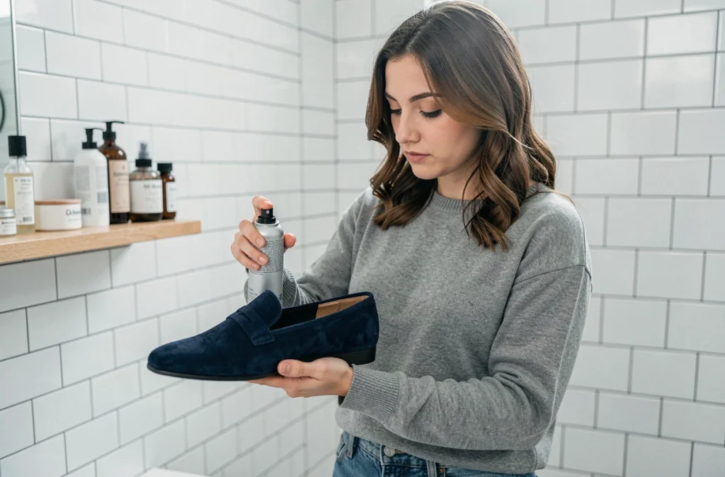 Femme appliquant un spray étireur sur un mocassin en daim bleu marine pour l'agrandir sans abîmer la matière