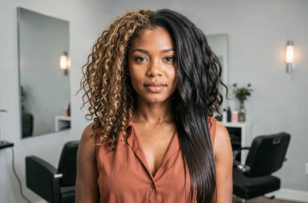 Femme aux cheveux naturels montrant la transformation avant-après d'un soin protéiné en salon de coiffure