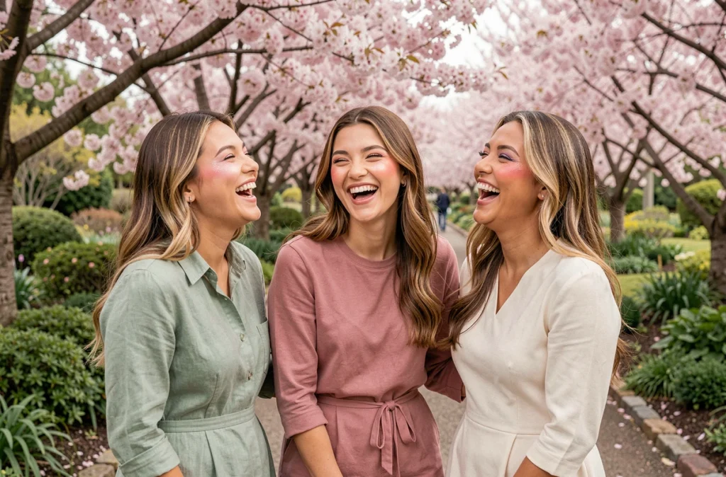 Trois femmes riant dans un jardin botanique au printemps, arborant chacune un maquillage glowy lumineux avec des tons pastels et une peau éclatante parmi les cerisiers en fleurs