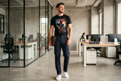 Homme en tee-shirt Spiderman et chino marine dans un bureau moderne, alliant style geek et tenue professionnelle décontractée