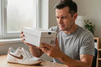 Homme examinant l'étiquette UPC sur une boîte de chaussures Nike d'occasion avant l'achat
