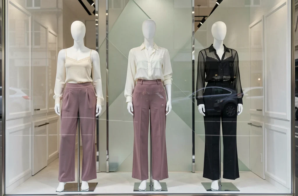 Vitrine de magasin présentant des mannequins vêtus des dernières collections shapewear de la saison