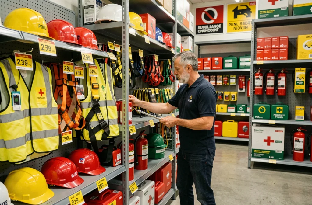 Rayons d'équipements de sécurité déstockés dans un magasin AC1 Sécurité avec casques et gilets