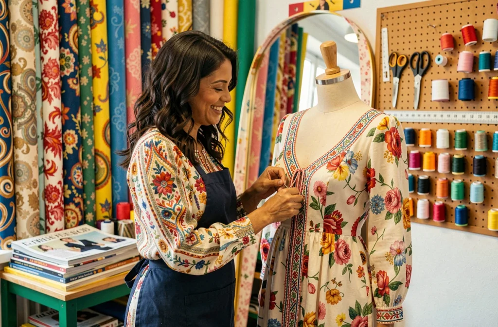 Amélie Diaz cousant à la main des ornements sur une robe fleurie dans son atelier de couture en Seine-Saint-Denis