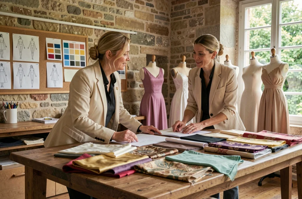 Anna June en consultation avec une cliente autour d'échantillons de tissus dans son atelier francilien intervenant en Seine-Saint-Denis