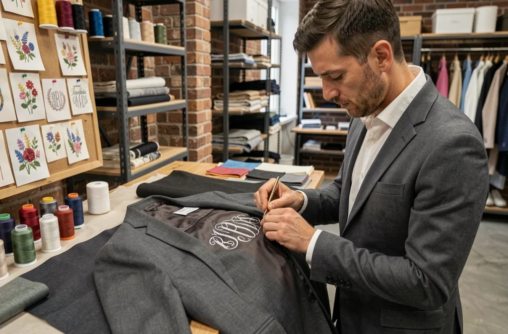 Artisan réalisant une personnalisation sur un costume dans l'atelier Arven Six à Clermont-Ferrand
