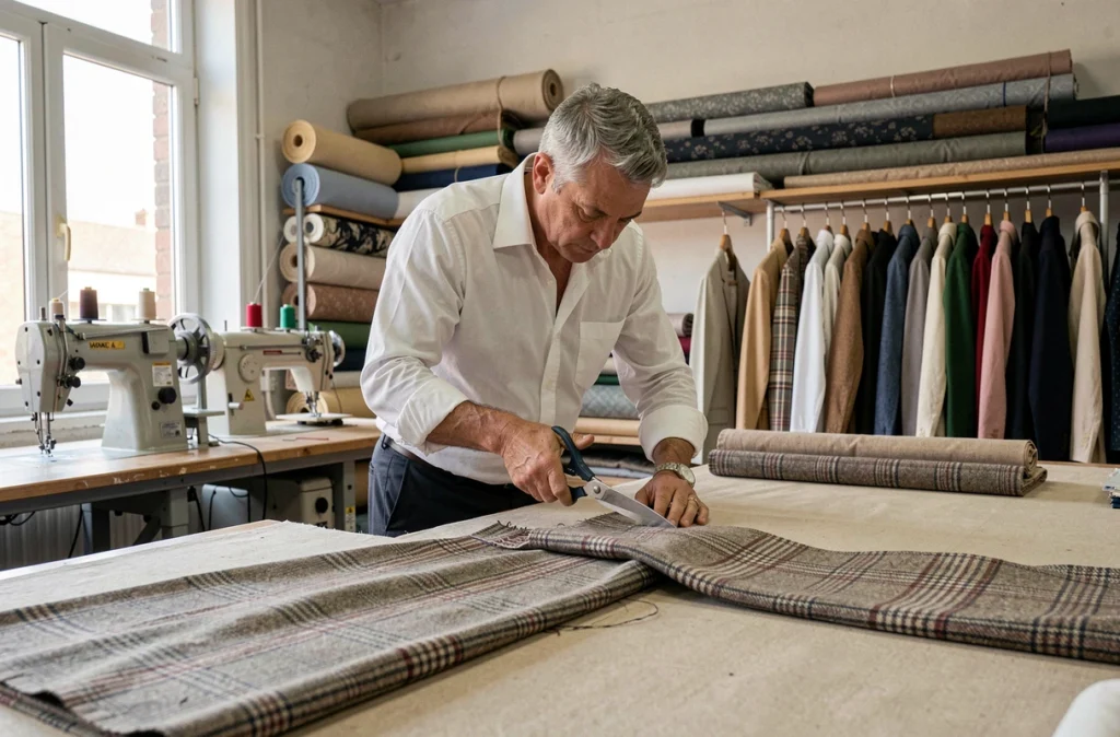 Tailleur découpant du tissu sur une grande table de coupe à l'Atelier Couture Bondy, Allée Jean Courtade