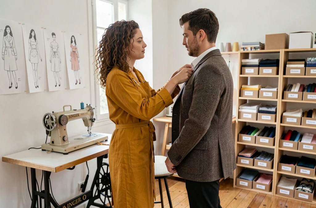 Tailleuse de l'Atelier de Couture Pierrefitte ajustant une veste sur un client en cabine d'essayage à Pierrefitte-sur-Seine