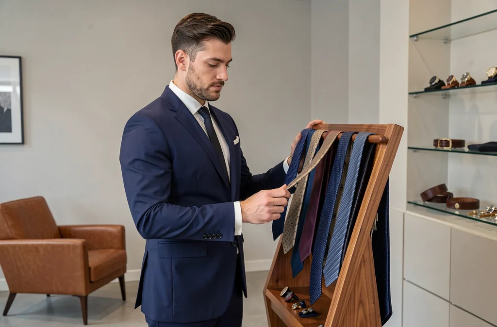 Client élégant découvrant les accessoires du showroom gentleman Blandin et Delloye à Clermont-Ferrand