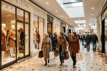 Femmes faisant du shopping dans une galerie marchande du Val-de-Marne, boutiques de prêt-à-porter féminin en arrière-plan
