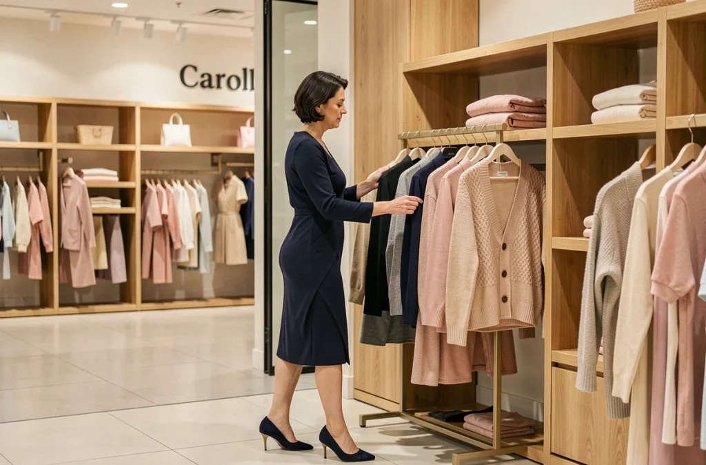 Cliente parcourant les vêtements dans la boutique Caroll du centre commercial Créteil Soleil