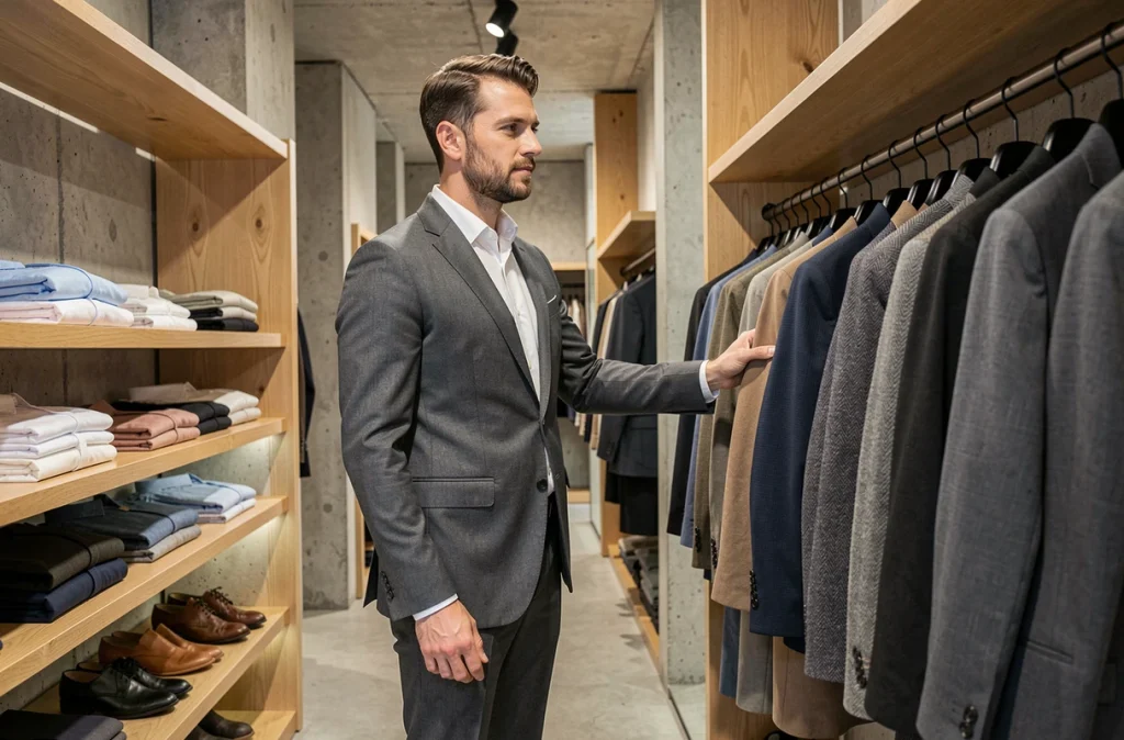 Client parcourant les costumes modernes de la boutique Charles à Lyon