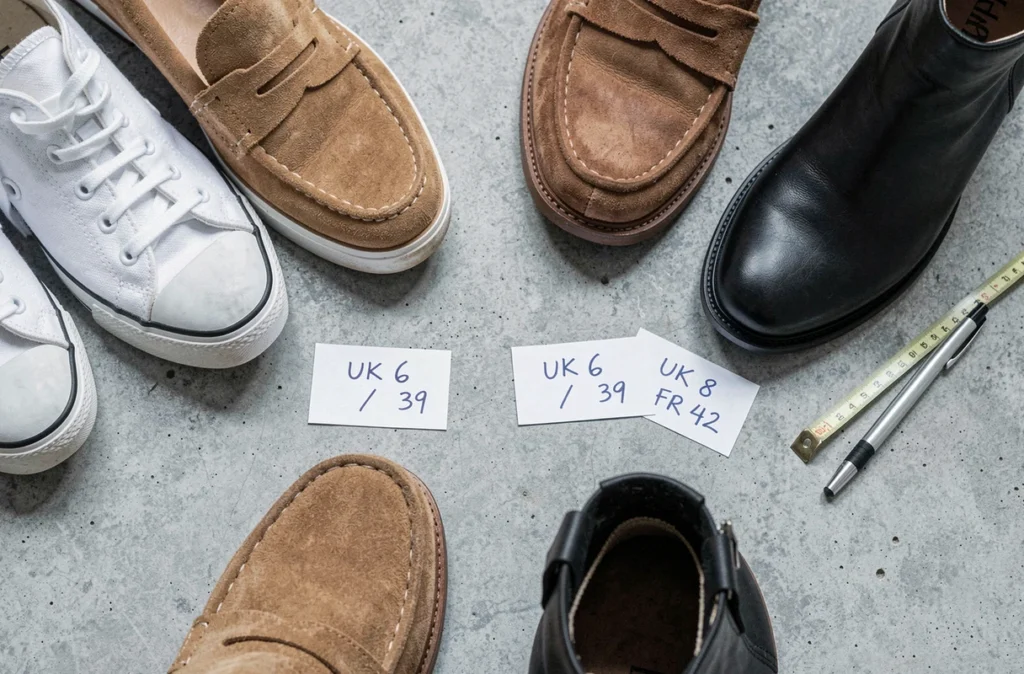 Tableau de conversion visuel des tailles de chaussures UK et françaises avec étiquettes sur différents modèles