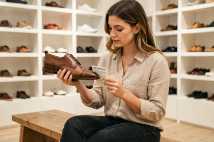 Femme comparant une chaussure taille UK avec un tableau de conversion des tailles françaises dans une boutique