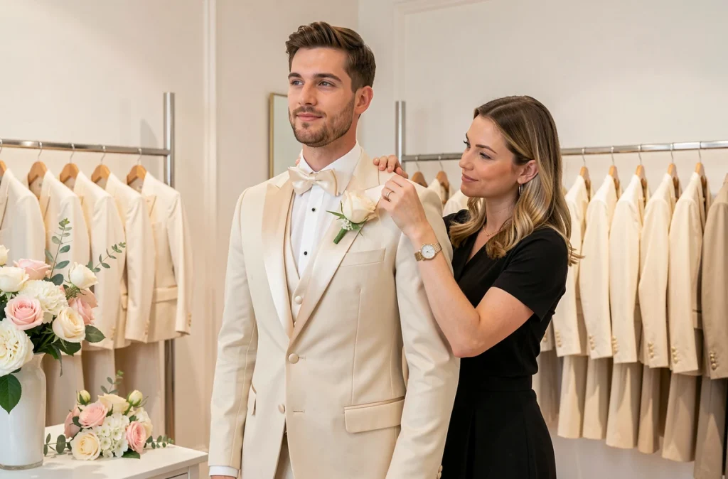 Futur marié essayant un costume de mariage chez Costumes Spinelli à Lyon
