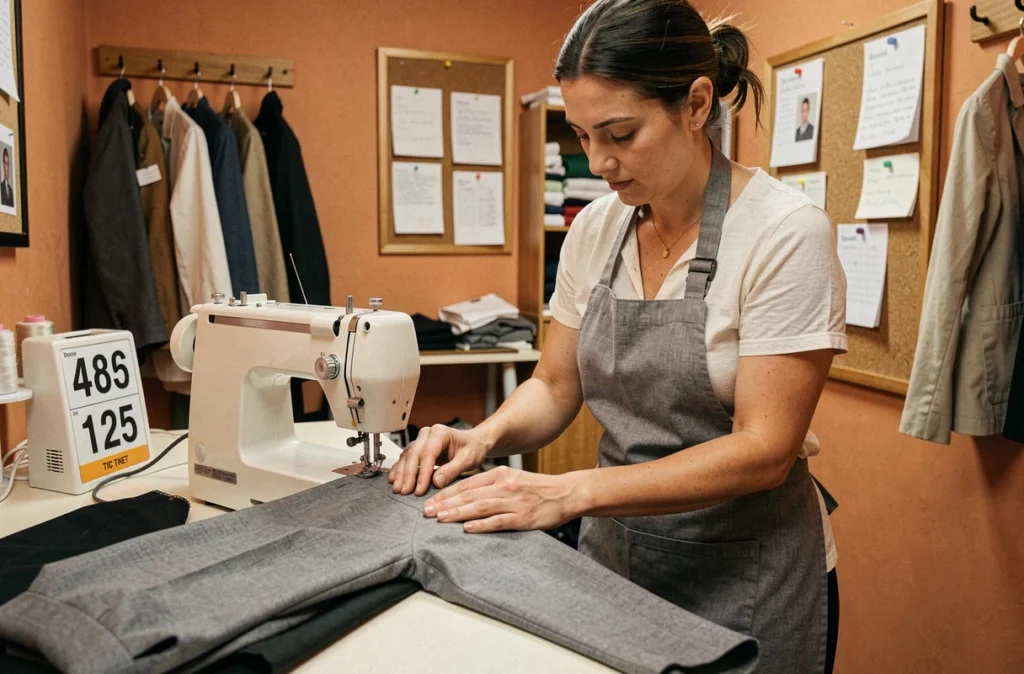 Spécialiste en retouche cousant un pantalon sur machine à Couture et Retouche Bondy près de la Place Nicole Neuburger