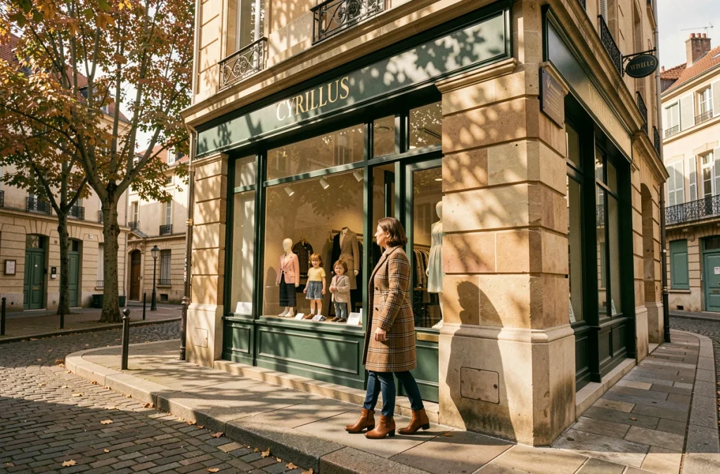 Façade de la boutique Cyrillus à Vincennes avec une femme devant la vitrine sur un trottoir de ville
