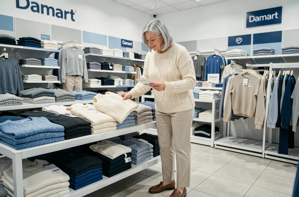 Cliente d'une soixantaine d'années examinant un sous-vêtement thermique dans la boutique Damart du centre commercial Belle Épine à Thiais