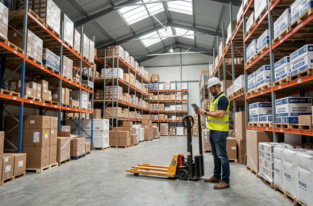 Entrepôt d'EPM Distribution avec des palettes de produits déstockés et un employé logistique en activité