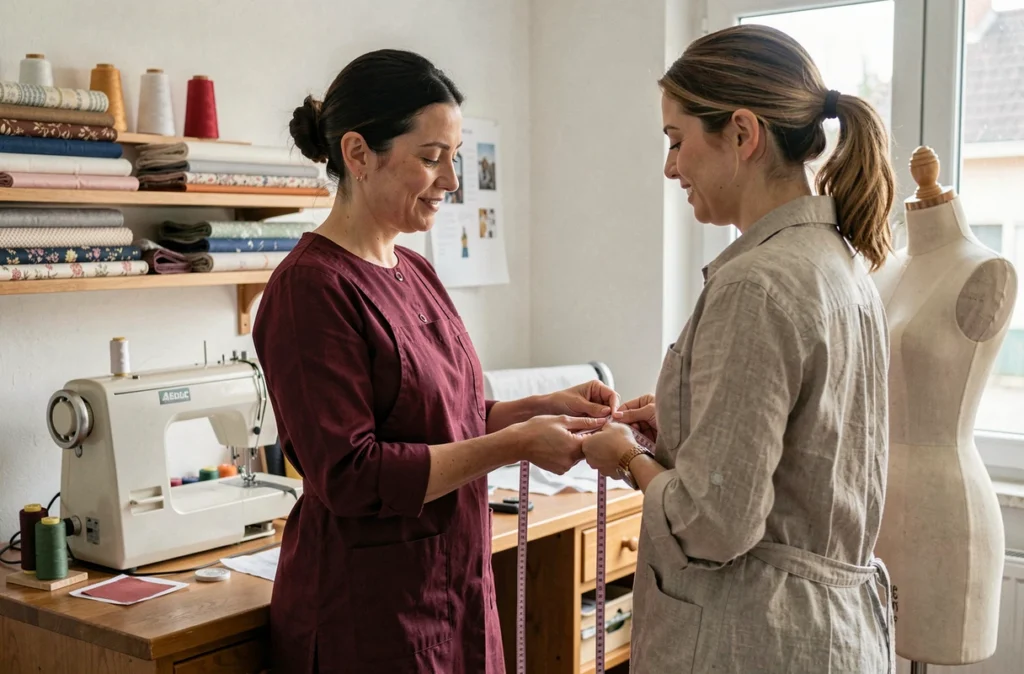 Farida Bouzidi prenant les mesures d'une cliente dans son atelier de couture en Seine-Saint-Denis