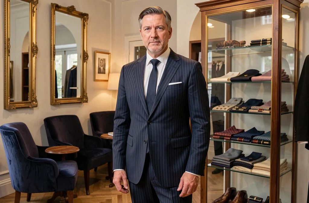 Homme portant un costume style parisien dans la boutique Faubourg Saint Sulpice en Auvergne