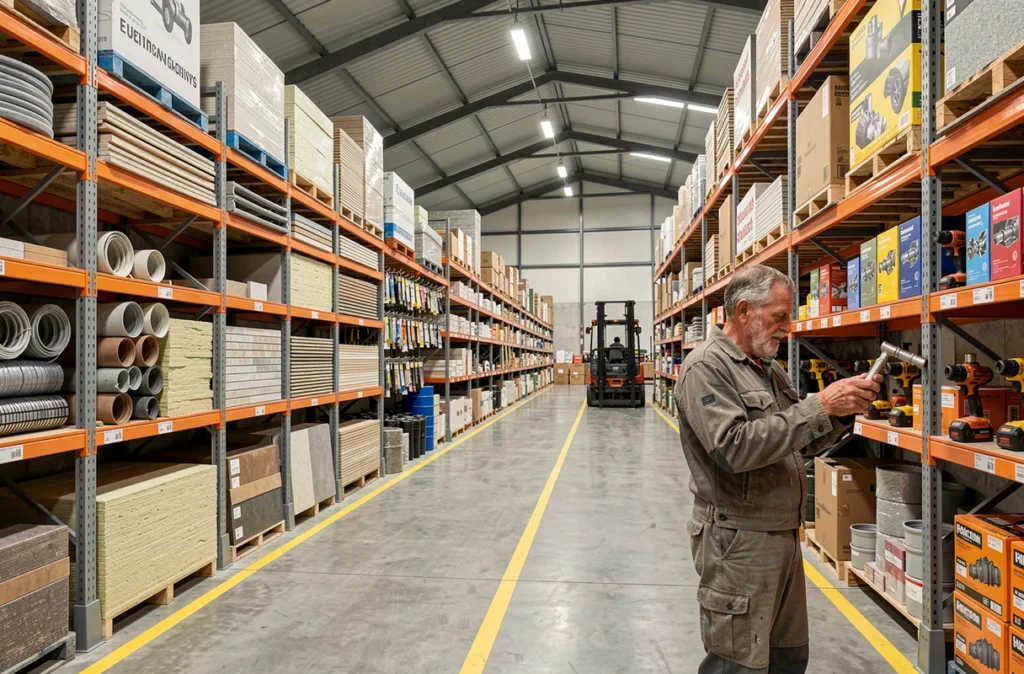 Intérieur entrepôt d'Infobat avec matériaux de construction et équipements du bâtiment en déstockage